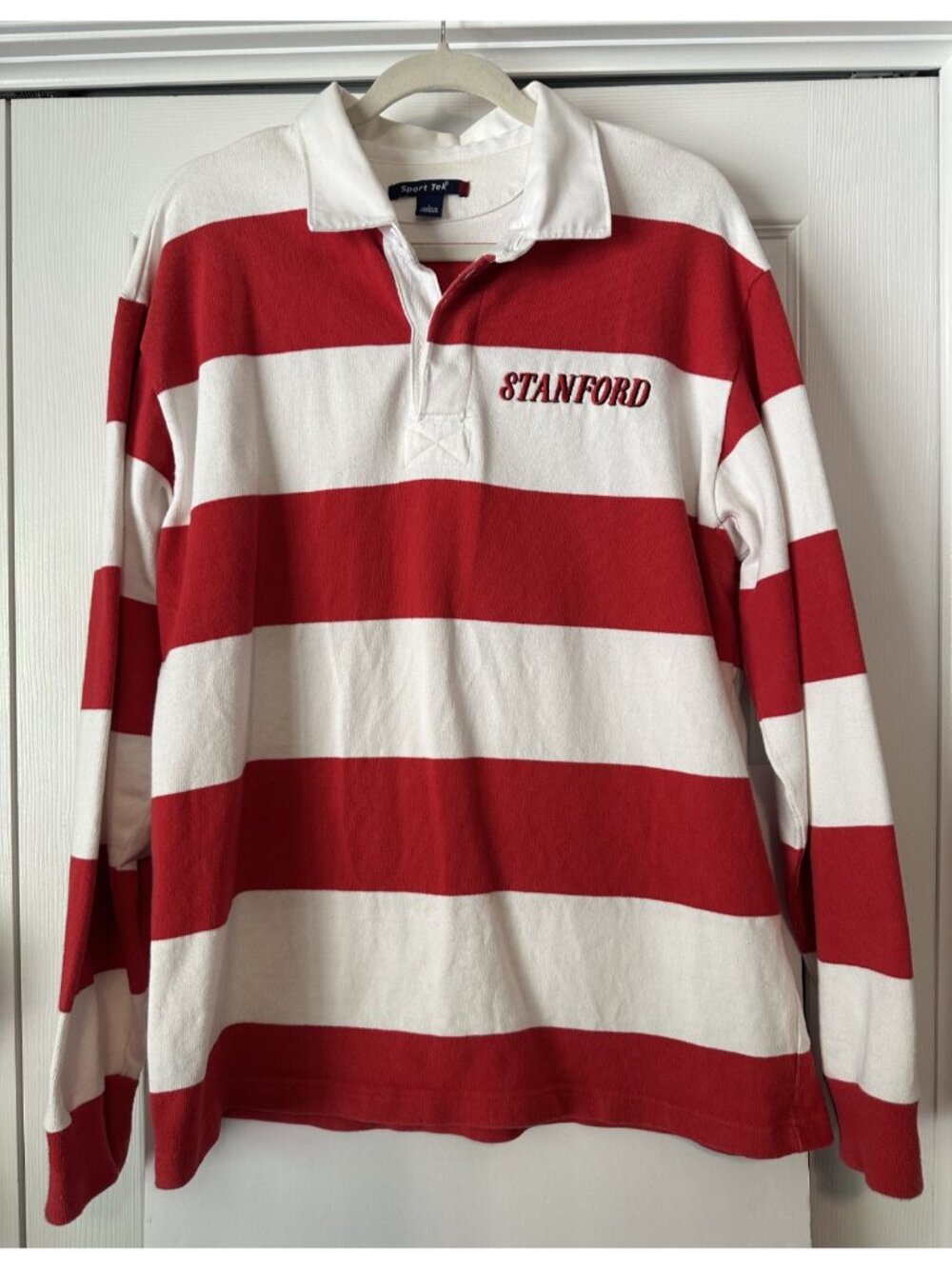Stanford University L rugby stripe polo shirt white red men sweater LS VTG READ